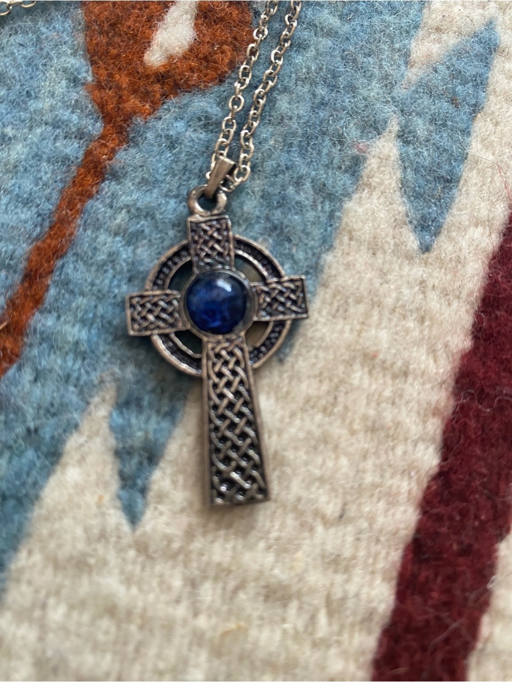 Silver Toned Cross Necklace with Blue Glass Stone
